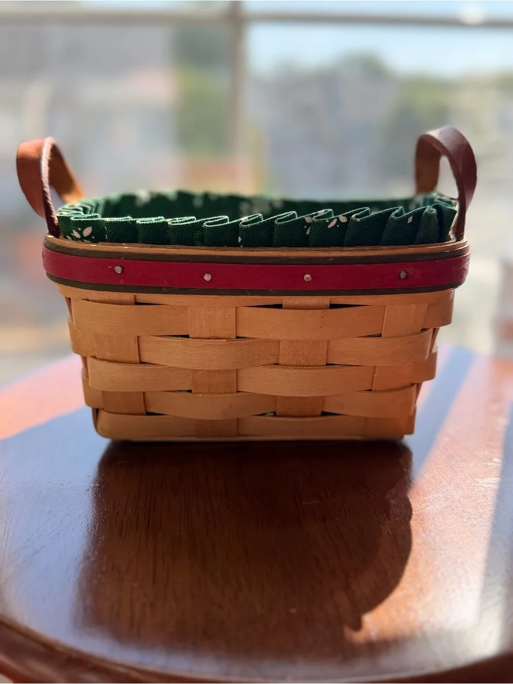 Woven longaberger Natural Basket with Green Liner and Red Trim